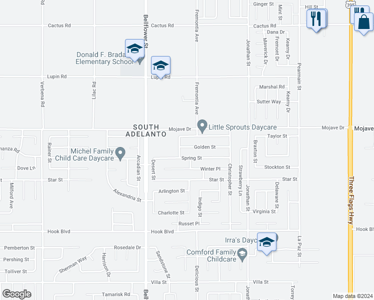 map of restaurants, bars, coffee shops, grocery stores, and more near 11465 Golden Street in Adelanto
