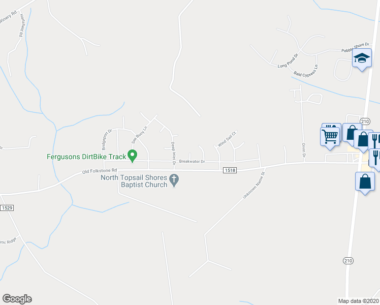 map of restaurants, bars, coffee shops, grocery stores, and more near Shallow Court in Sneads Ferry