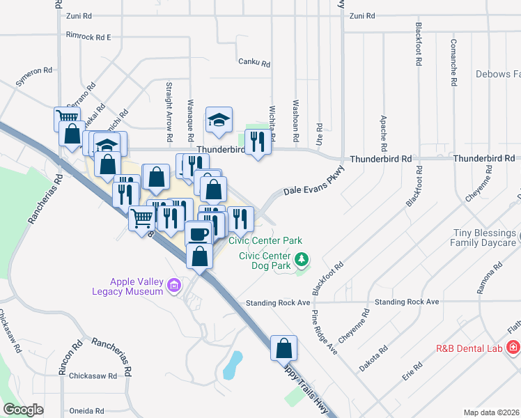 map of restaurants, bars, coffee shops, grocery stores, and more near 14931 Dale Evans Parkway in Apple Valley
