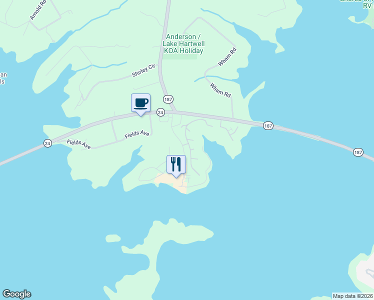 map of restaurants, bars, coffee shops, grocery stores, and more near 1603 Marina Road in Anderson