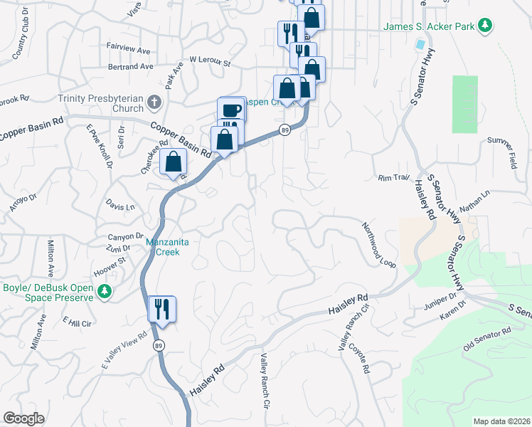 map of restaurants, bars, coffee shops, grocery stores, and more near 405 High Chaparral Loop in Prescott