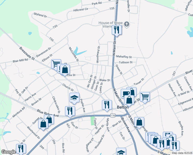 map of restaurants, bars, coffee shops, grocery stores, and more near 12 Stringer St in Belton
