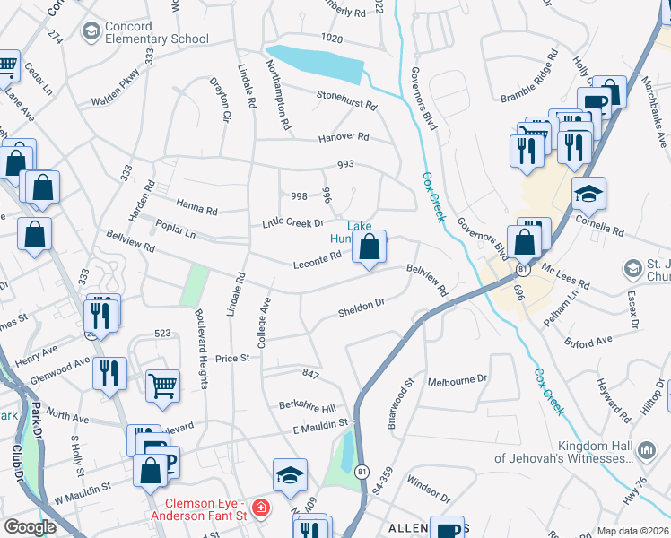 map of restaurants, bars, coffee shops, grocery stores, and more near 2811 Bellview Road in Anderson