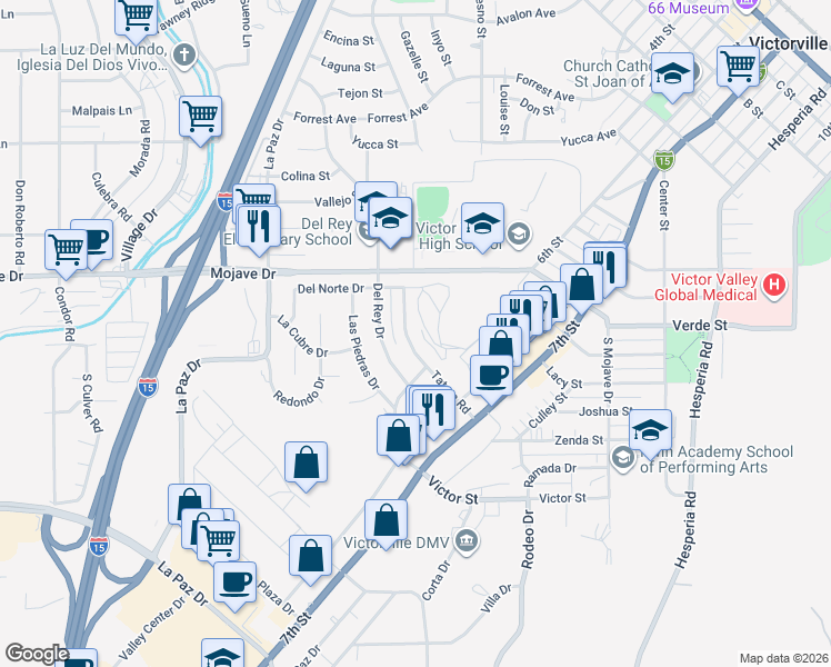 map of restaurants, bars, coffee shops, grocery stores, and more near 15067 Tatum Road in Victorville