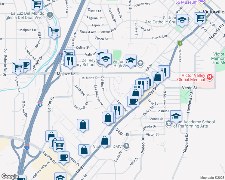 map of restaurants, bars, coffee shops, grocery stores, and more near 15067 Tatum Road in Victorville