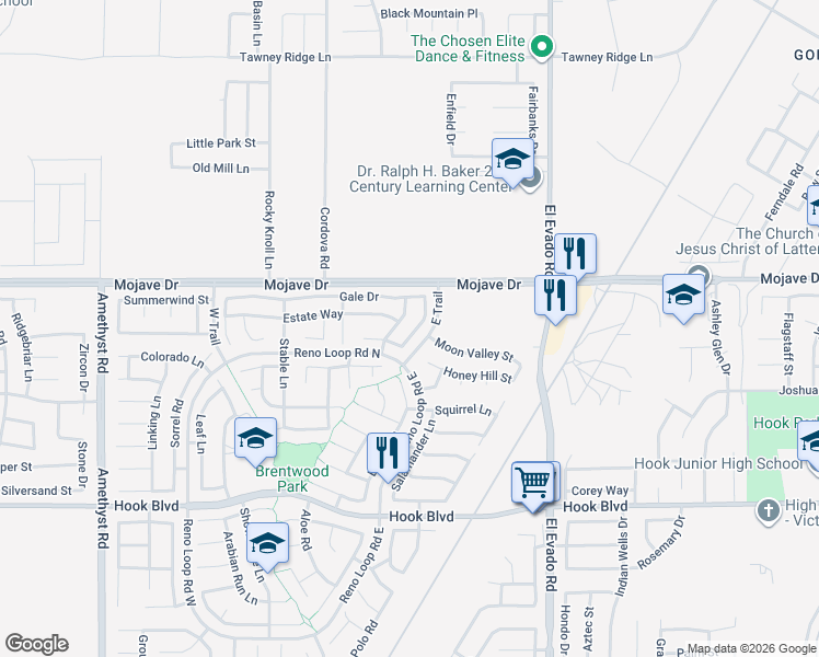 map of restaurants, bars, coffee shops, grocery stores, and more near 15216 Sunflower Lane in Victorville