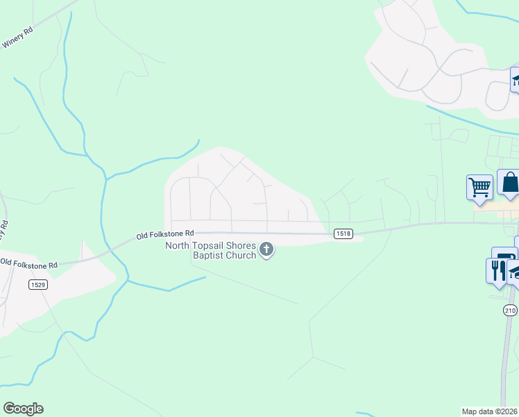 map of restaurants, bars, coffee shops, grocery stores, and more near 601 Great Harbor Court in Sneads Ferry