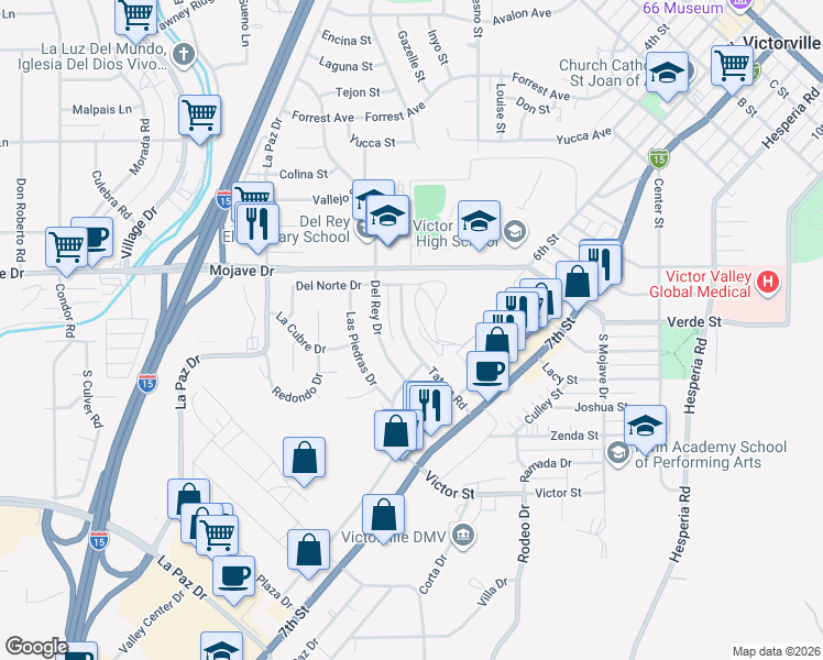 map of restaurants, bars, coffee shops, grocery stores, and more near 15067 Tatum Road in Victorville