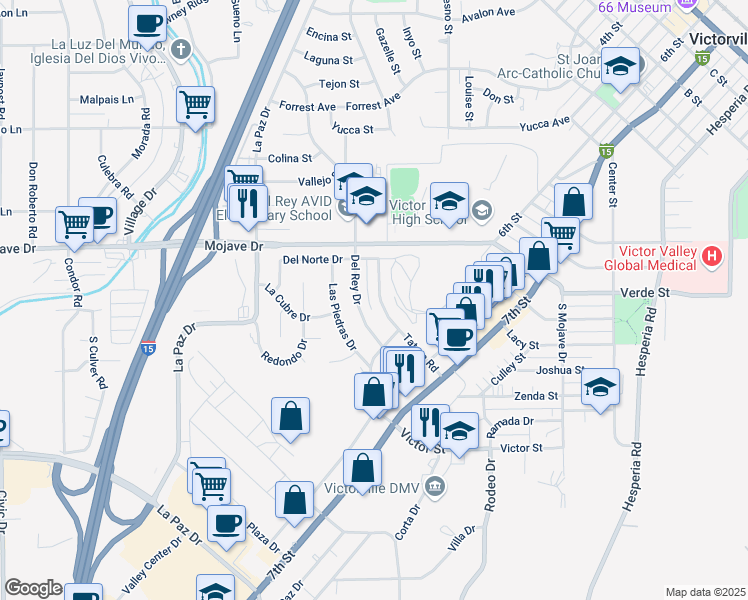 map of restaurants, bars, coffee shops, grocery stores, and more near 15066 Tatum Road in Victorville