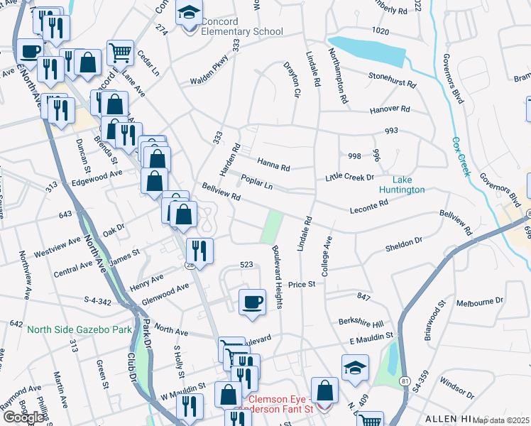 map of restaurants, bars, coffee shops, grocery stores, and more near 2301 Bellview Road in Anderson