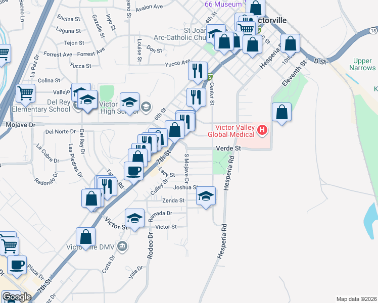 map of restaurants, bars, coffee shops, grocery stores, and more near 16705 Verde Street in Victorville