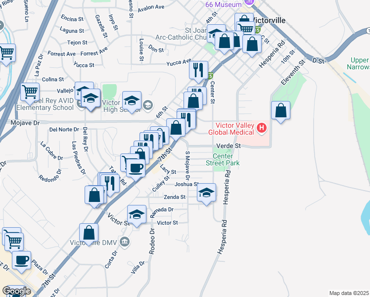 map of restaurants, bars, coffee shops, grocery stores, and more near 15172 South Mojave Drive in Victorville
