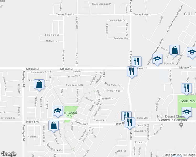 map of restaurants, bars, coffee shops, grocery stores, and more near 15225 Moonglow Lane in Victorville