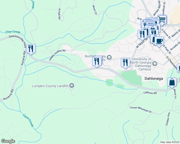 map of restaurants, bars, coffee shops, grocery stores, and more near 1083 Morrison Moore Parkway West in Dahlonega