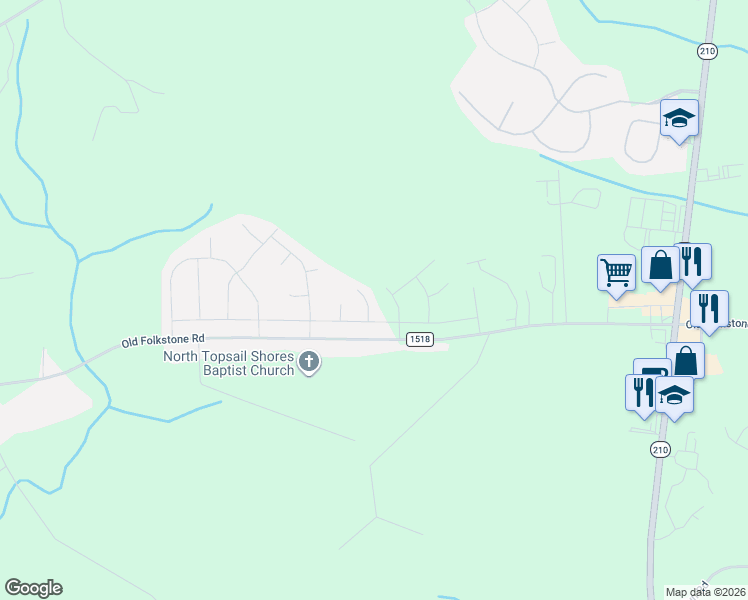 map of restaurants, bars, coffee shops, grocery stores, and more near 204 Misty Cove Court in Sneads Ferry