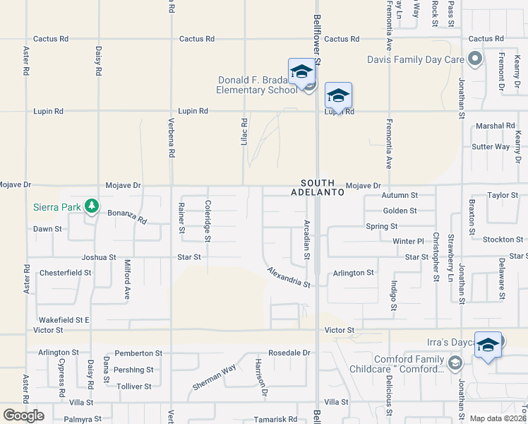 map of restaurants, bars, coffee shops, grocery stores, and more near 11186 Renwick Street in Adelanto
