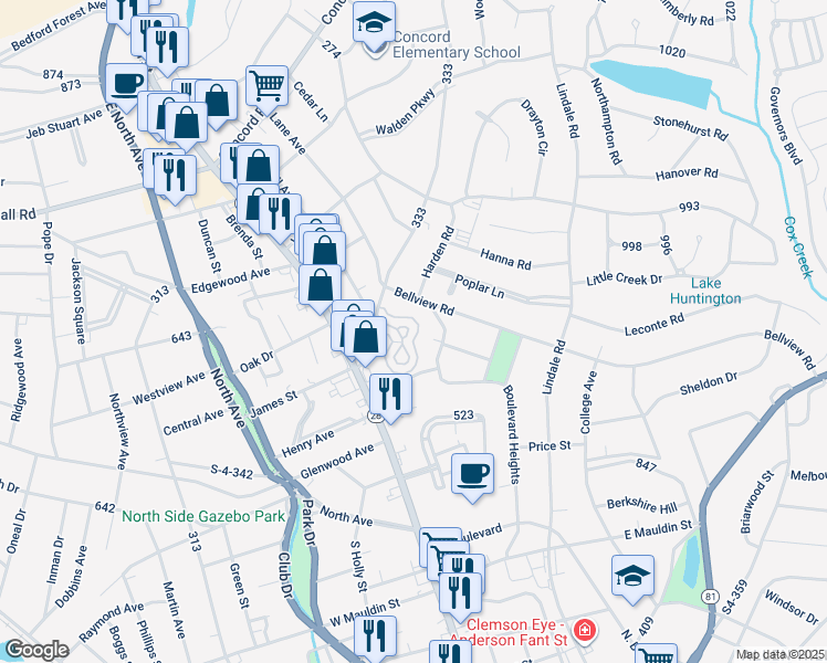 map of restaurants, bars, coffee shops, grocery stores, and more near 15 Bailey Court in Anderson