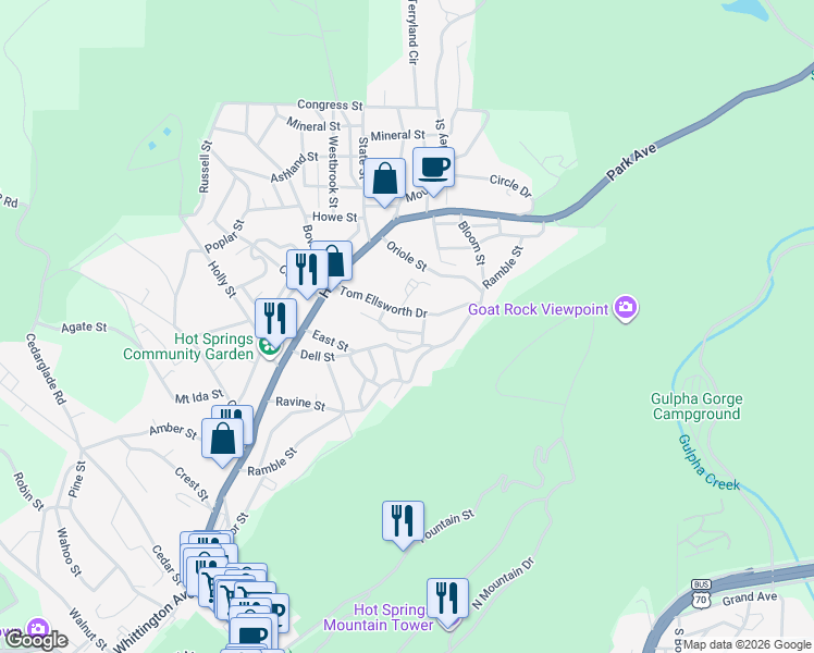 map of restaurants, bars, coffee shops, grocery stores, and more near 107 Hillcrest Street in Hot Springs