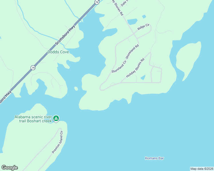 map of restaurants, bars, coffee shops, grocery stores, and more near 1095 Holiday Shores Road in Scottsboro