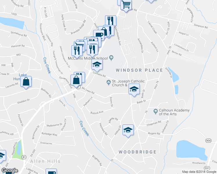 map of restaurants, bars, coffee shops, grocery stores, and more near 1200 Cornelia Road in Anderson