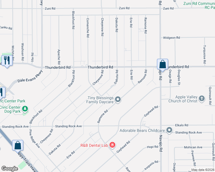 map of restaurants, bars, coffee shops, grocery stores, and more near 15150 Dakota Road in Apple Valley
