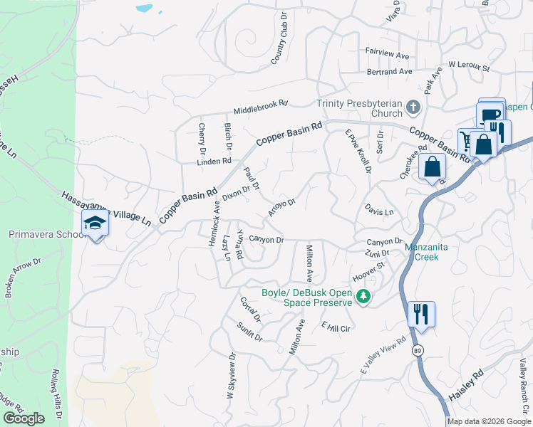 map of restaurants, bars, coffee shops, grocery stores, and more near 860 Arroyo Drive in Prescott