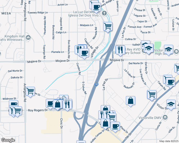 map of restaurants, bars, coffee shops, grocery stores, and more near 15251 Village Drive in Victorville