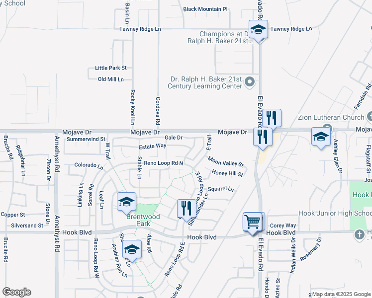 map of restaurants, bars, coffee shops, grocery stores, and more near 14207 Estate Way in Victorville