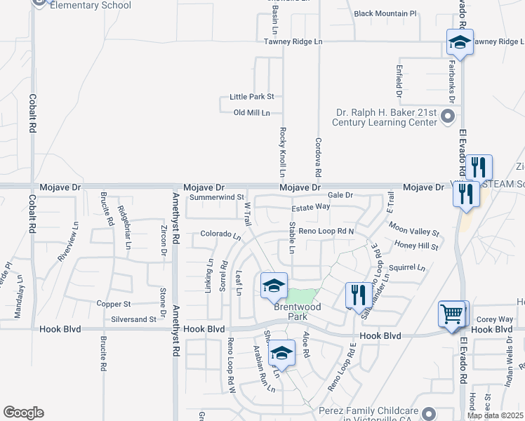 map of restaurants, bars, coffee shops, grocery stores, and more near 13945 Doria Circle in Victorville