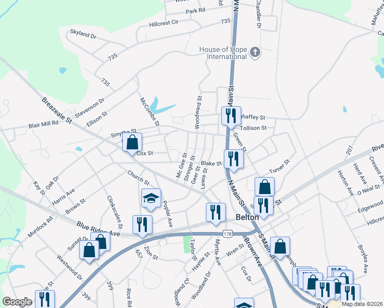 map of restaurants, bars, coffee shops, grocery stores, and more near 12 Stringer Street in Belton