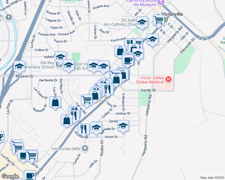 map of restaurants, bars, coffee shops, grocery stores, and more near 15160 Seventh Street in Victorville