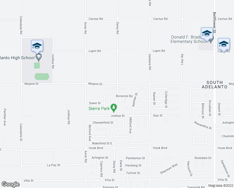 map of restaurants, bars, coffee shops, grocery stores, and more near 15200 Daisy Road in Adelanto