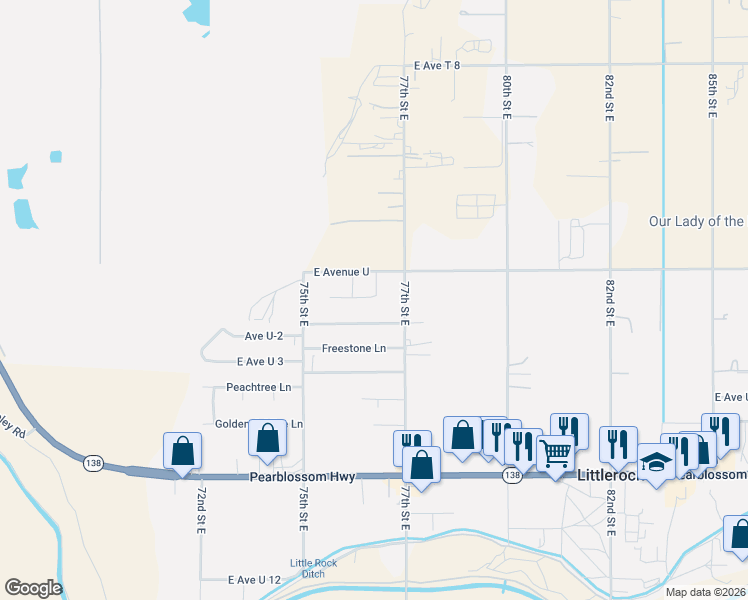 map of restaurants, bars, coffee shops, grocery stores, and more near 7624 East Avenue U in Littlerock