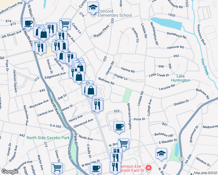 map of restaurants, bars, coffee shops, grocery stores, and more near 15 Bailey Court in Anderson