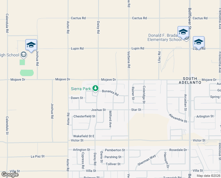 map of restaurants, bars, coffee shops, grocery stores, and more near 10796 Bonanza Road in Adelanto