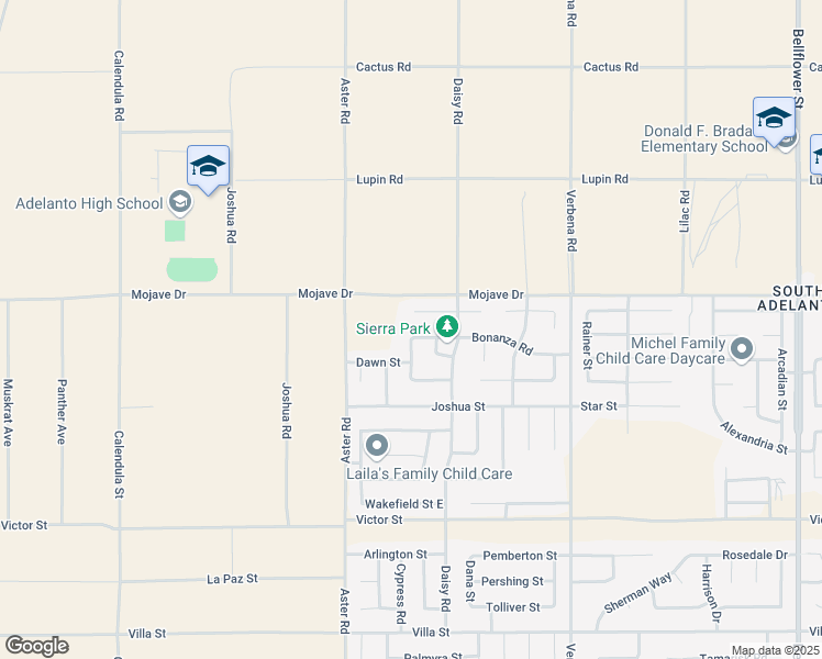 map of restaurants, bars, coffee shops, grocery stores, and more near 10620 Bonanza Road in Adelanto
