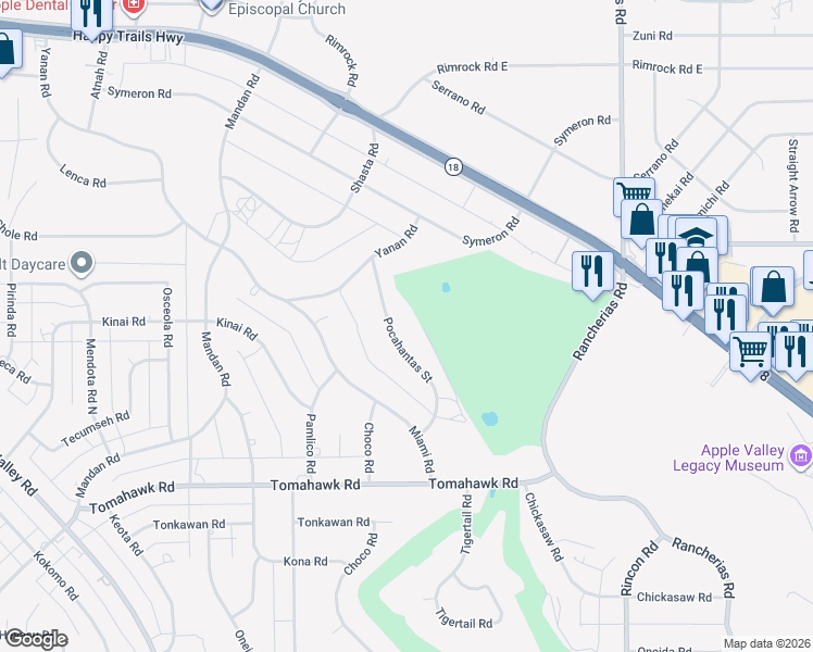 map of restaurants, bars, coffee shops, grocery stores, and more near 15181 Pocahantas Street in Apple Valley