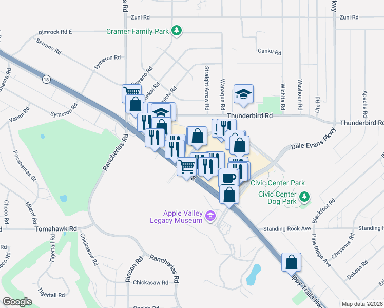 map of restaurants, bars, coffee shops, grocery stores, and more near 15001 Bass Hill Road in Apple Valley