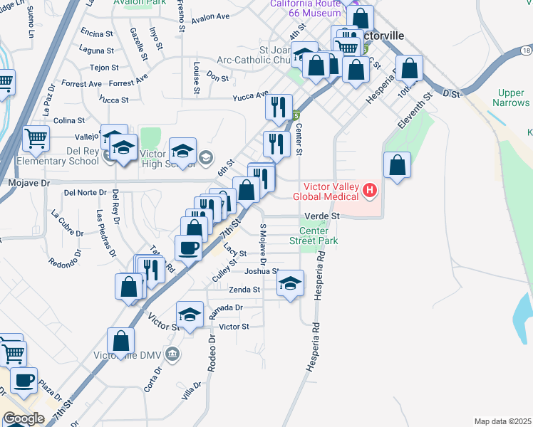 map of restaurants, bars, coffee shops, grocery stores, and more near 16736 Verde Street in Victorville