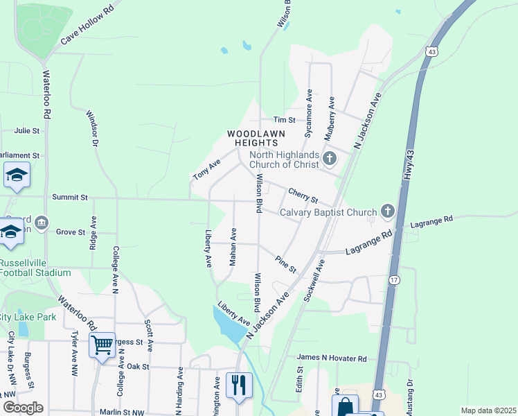 map of restaurants, bars, coffee shops, grocery stores, and more near 1999 Wilson Blvd in Russellville