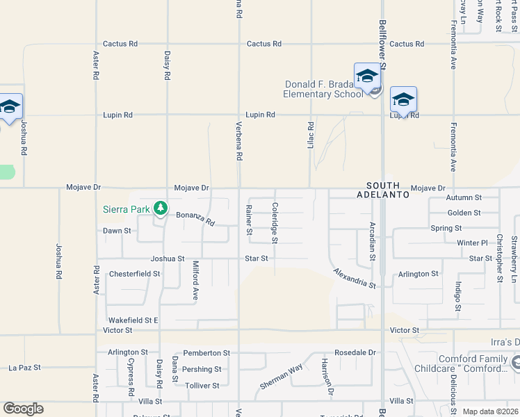 map of restaurants, bars, coffee shops, grocery stores, and more near 10964 Continental Street in Adelanto