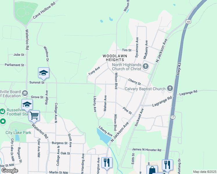 map of restaurants, bars, coffee shops, grocery stores, and more near 1901-1999 Wilson Blvd in Russellville