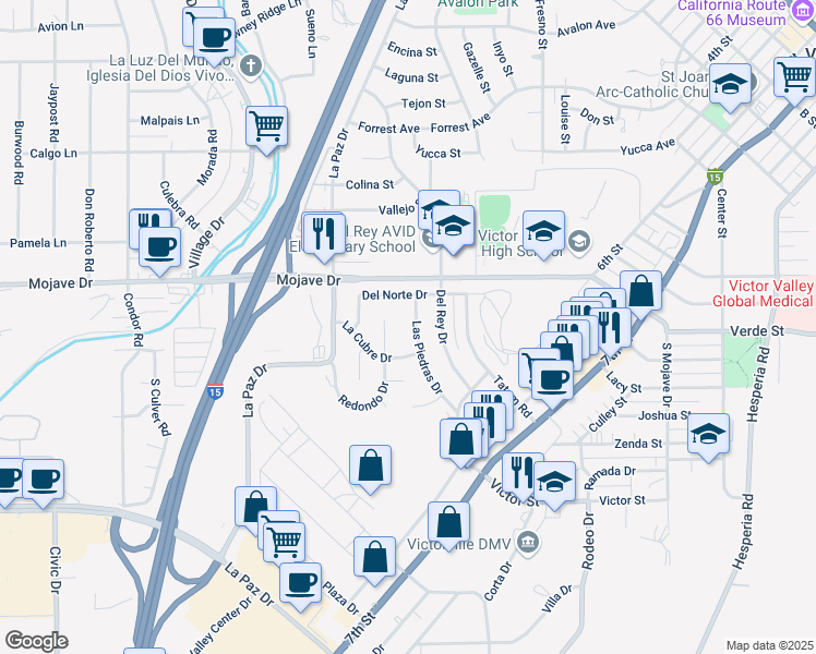 map of restaurants, bars, coffee shops, grocery stores, and more near 15224 Las Piedras Drive in Victorville