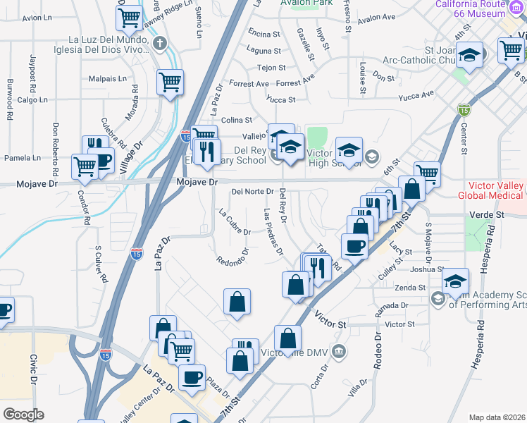 map of restaurants, bars, coffee shops, grocery stores, and more near 15224 Las Piedras Drive in Victorville