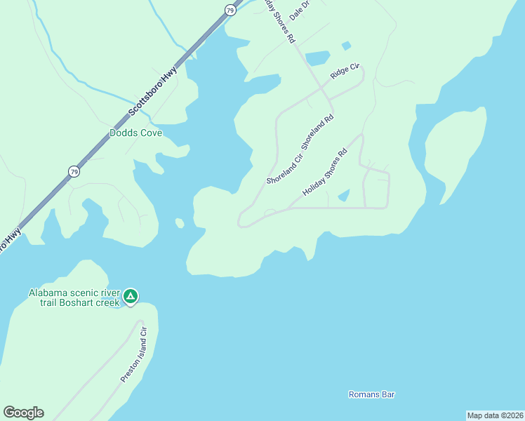 map of restaurants, bars, coffee shops, grocery stores, and more near 1095 Holiday Shores Road in Scottsboro