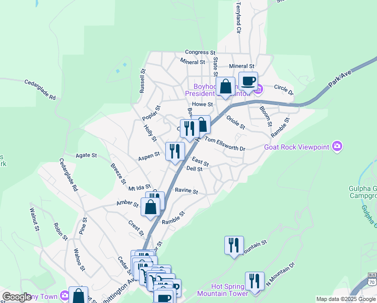 map of restaurants, bars, coffee shops, grocery stores, and more near 755 Park Avenue in Hot Springs