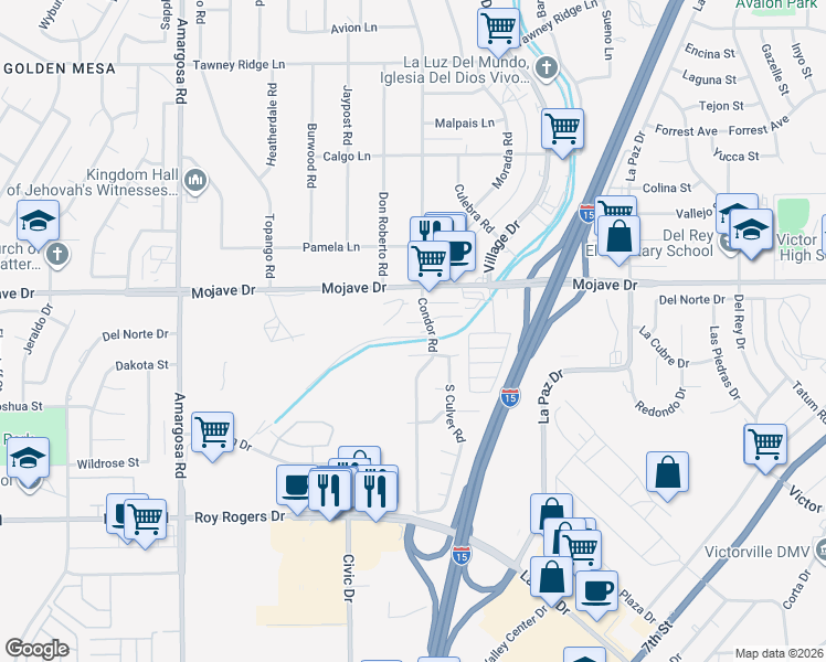 map of restaurants, bars, coffee shops, grocery stores, and more near 15730 La Cubre Drive in Victorville