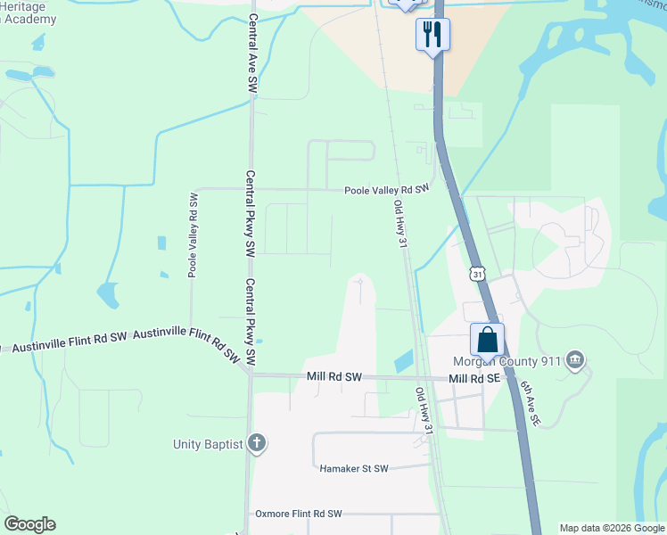 map of restaurants, bars, coffee shops, grocery stores, and more near 4119 Old Highway 31 in Decatur