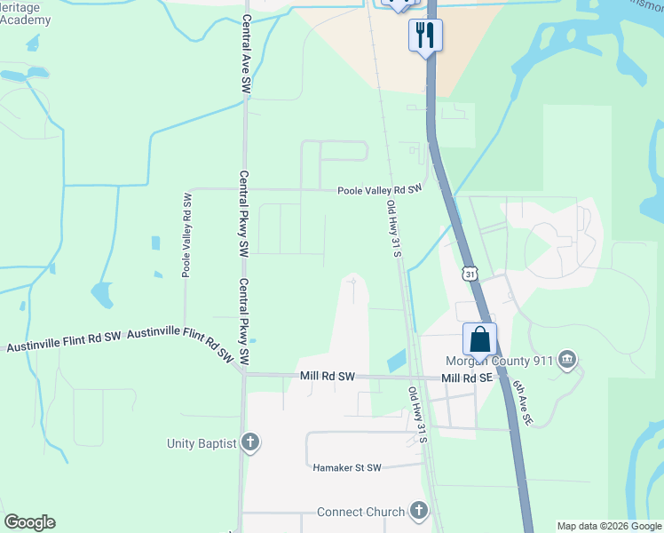 map of restaurants, bars, coffee shops, grocery stores, and more near 4119 Old Highway 31 in Decatur