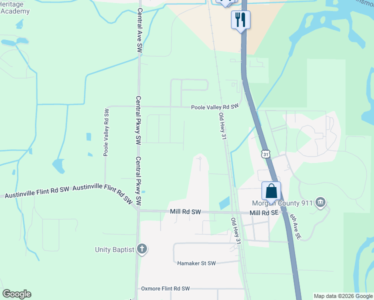 map of restaurants, bars, coffee shops, grocery stores, and more near 4119 Old Highway 31 in Decatur